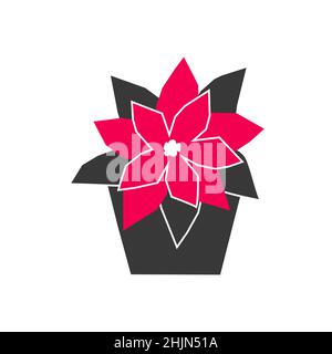 Vector isolated flat concept. Black and red colored Poinsettia is in pot.  Euphorbia pulcherrima is Christmas and New Year flower and symbol of xmas h Stock Vector