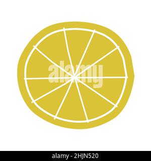 Vector isolated flat hand drawn illustration. Yellow fresh slice of orange (citrus fruit), with white lines. Simplified minimalistic shape, Scandinavi Stock Vector