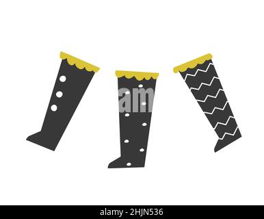 Vector isolated flat concept. Collection with black xmas holiday socks with yellow fur and ornaments. Christmas symbol for packaging presents from San Stock Vector