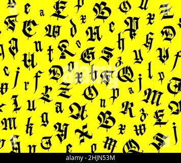Gothic font, composition. Vector. Medieval Latin letters. Random letters in random order. Black letters isolated on yellow background. Design for fabr Stock Vector