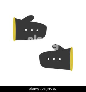 Vector isolated flat illustration. Pair of black winter mittens with yellow fur and white buttons. Simplified minimalistic shapes, Scandinavian style Stock Vector