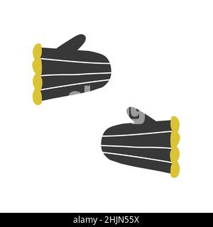 Vector isolated flat illustration. Pair of black winter mittens with yellow fur and white lines. Simplified minimalistic shapes, Scandinavian style Stock Vector