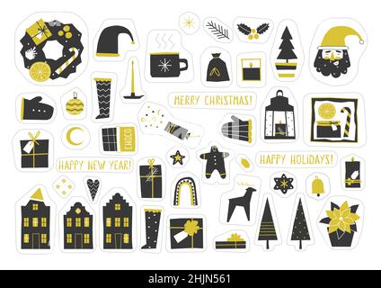Vector Christmas collection with isolated flat elements. Stickers with xmas trees, gingerbread cookies. gift boxes, candles create magic mood. Scandin Stock Vector
