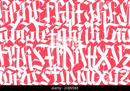 Pattern, ornament in the Gothic style. Vector. Alphabet. White letters on a pink background. Calligraphy and lettering. Medieval Latin letters. Graphi Stock Vector