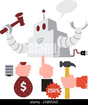 Robot with a hammer. Image of automated auctions. Vector. Hand with a bag of dollars and other items. All elements are isolated on a white background. Stock Vector