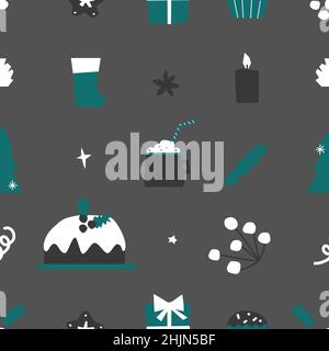 Vector seamless pattern with flat elements for Christmas and New Year Dinner. Xmas cake, cacao cup, berries and gift box lay on grey background of tab Stock Vector