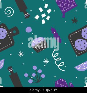 Vector seamless pattern with flat elements for Christmas and New Year Dinner. Cozy serving with muffins, berries, gingerbread cookies and cutting boar Stock Vector