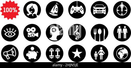 Set of icons, material values and consumer goods. Vector. Dreams, lifestyles and hobbies. The card of the desires of a man. Silhouette flat style. Sig Stock Vector