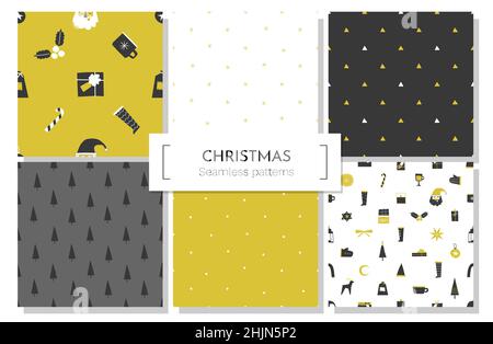 Vector collection with seamless patterns. Flat illustrations for New Year design on wrapping paper. Flat Christmas elements are include gift boxes, sw Stock Vector