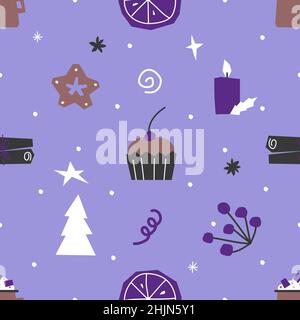 Vector seamless pattern with flat elements for Christmas and New Year Dinner. Cupcake, candle, cacao mug, cinnamon create magic xmas mood serving tabl Stock Vector