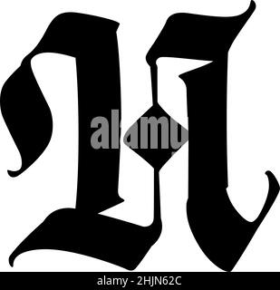 The letter N in the Gothic style. Vector. Old alphabet. The symbol is isolated on a white background. Calligraphic, medieval Latin letter. Logo for th Stock Vector