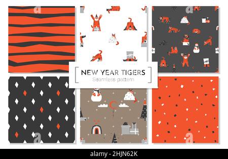 Vector collection of seamless geometrical abstract and animal pattern with orange Asian tigers. Design set for textile or wrapping paper. Flat charact Stock Vector