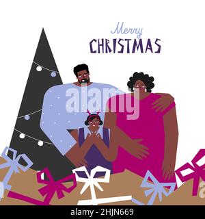 Vector concept of African American family with father, mother, girl staying near gift boxes and xmas tree. Card with hand drawn text - Merry Christmas Stock Vector