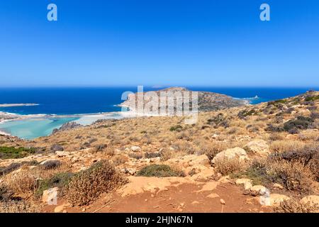 View of Balos Lagoon with magical turquoise waters, near Chania,  Crete island, Greece Stock Photo