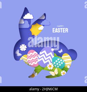 Happy Easter Day in paper art style. Cute bunny rabbit and eggs hunt. Bunny layered frame. Greeting card, posters and wallpaper. Very peri layered Stock Vector