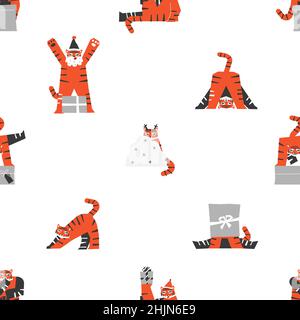Vector seamless pattern with orange Asian tigers - symbol of Chinese New Year 2022 on white background. Design for textile or wrapping paper in Scandi Stock Vector