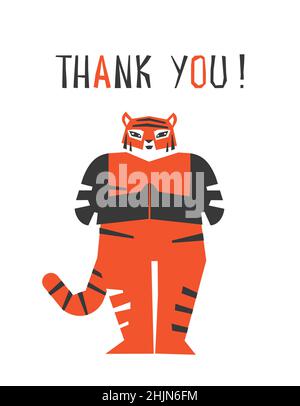 Vector flat isolated illustration with animal character. Asian tiger stands in relaxing and meditation pose at yoga class. Text - thank you. Symbol of Stock Vector