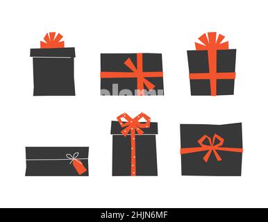 Vector isolated set on white background. Flat geometric illustrations of gift boxes. Template to design of Chinese New Year and Christmas. Six present Stock Vector