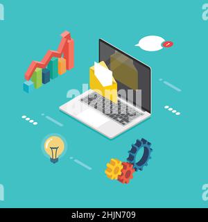 Laptop with business icons in isometric view. Digital business concept. Vector illustration Stock Vector