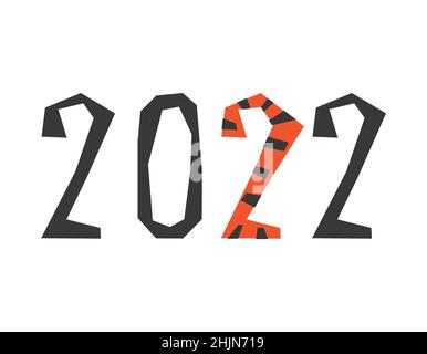 Vector isolated on white background hand drawn text - 2022. Flat geometric letters with black tiger stripes on orange shape. Template to design banner Stock Vector