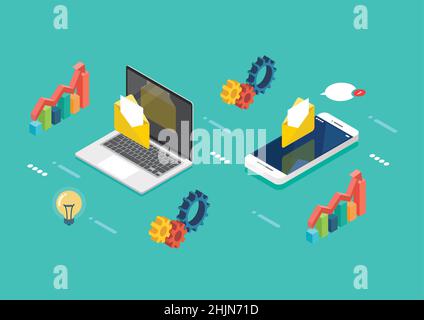 Laptop and smartphone with business icons in isometric view. Digital business concept. Vector illustration Stock Vector