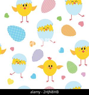Pattern of chickens in a shell on a white background, vector illustration, wallpaper textile, print Stock Vector