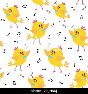 Pattern of chickens singing on a white background, vector illustration, wallpaper textile, print Stock Vector
