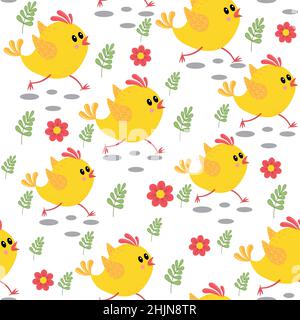 Running chickens pattern with flowers and butterflies, color vector illustration on white background, print textile Stock Vector