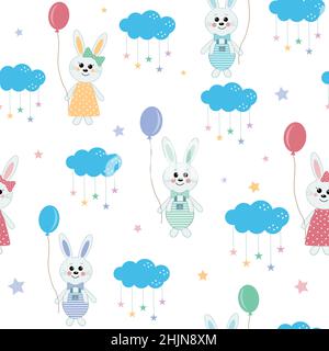 Bunny pattern with balloons among the clouds, color vector illustration, textile, print Stock Vector