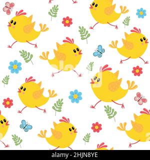 Running chickens pattern with flowers and butterflies Stock Vector