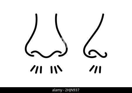 Nose and breath icon. Nasal breathing. Human organ of smell. Unpleasant smell. Nose inhales fragrance. Set of outline icons. Vector illustration in Stock Vector