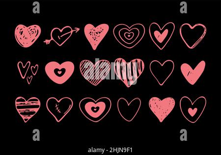 Set of hand drawn hearts. Handdrawn rough marker doodle hearts isolated on black background. Vector graphic illustration Stock Vector