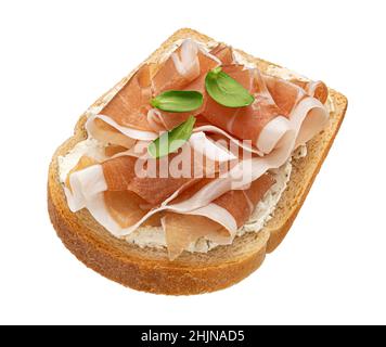 Toast with prosciutto isolated on white background, top view Stock Photo