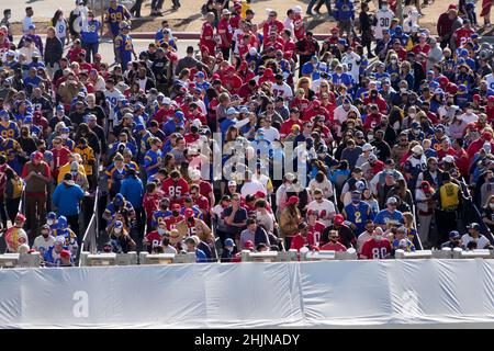 Inglewood, United States. 31st Jan, 2022. Los Angeles Rams and San Francisco 49ers fans line-up to enter SoFi Stadium prior to the start of the NFC Championship game in Inglewood, California on Sunday, January 30, 2022. Photo by Jon SooHoo/UPI Credit: UPI/Alamy Live News
