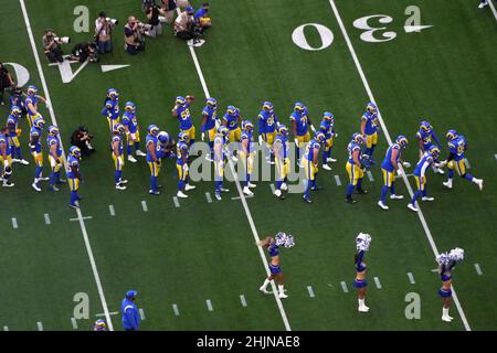 Inglewood, United States. 31st Jan, 2022. Los Angeles Rams' Aaron Donald (99) joins his teammates prior to the start of the NFC Championship game against the San Francisco 49ers at SoFi Stadium in Inglewood, California on Sunday, January 30, 2022. The Rams beat the Niners 20-17. Photo by Jon SooHoo/UPI Credit: UPI/Alamy Live News