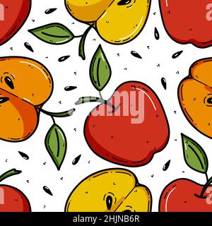 Apple background, seamless pattern vector illustration. Good for textile, wrapping, wallpapers, etc. Sweet red and yellow apples isolated on white background. Stock Vector