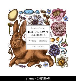 Easter square card or invitation design. Frame design with rabbit, eggs, willow branches, candies, great orange-tip, anemone, lavender, viburnum Stock Vector