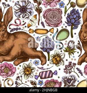 Easter seamless pattern background design. Engraved style. Hand drawn rabbit, eggs, willow branches, candies, shepherd's purse, heather, great orange Stock Vector