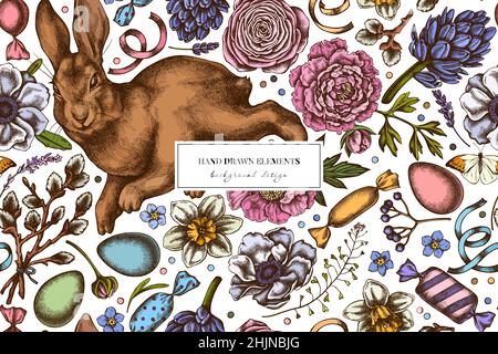 Easter seamless pattern background design. Engraved style. Hand drawn rabbit, eggs, willow branches, candies, shepherd's purse, heather, great orange Stock Vector