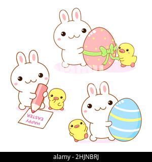 Easter set with bunny and chicken friends. Cute little rabbit and a chick with Easter egg. Holiday collection of patch Kids, stickers with kawaii char Stock Vector