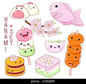 Set of cute hanami season dessert icon in kawaii style with smiling face and pink cheeks. Japanese traditional cuisine dishes. Taiyaki, hanami dango, Stock Vector