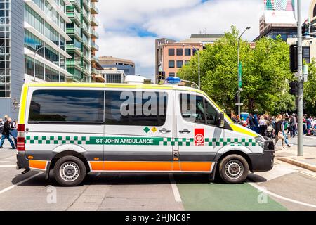 Adelaide, Australia - November 9, 2019: St John Ambulance car blocking the street in the city centre during the Christmas parade on a day Stock Photo