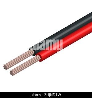 Round cable with two insulated copper conductors. 3D isometric style, vector illustration. Stock Vector