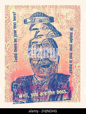 Modern Desing Poster Glith Abstract Background with Grandfather In Round Glasses with a moustaches and gray beard. vector illustration Stock Vector