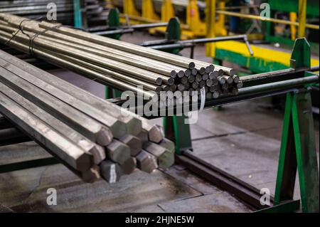 Bundle of hexagonal metal rods, hot rolled steel Stock Photo