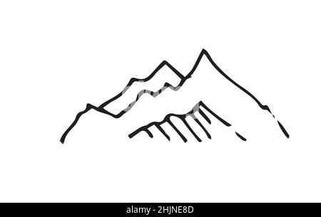 Distant mountain cliff. In the style of contour engraving. Sketch sketch. Hand drawing isolated on white background. Vector Stock Vector