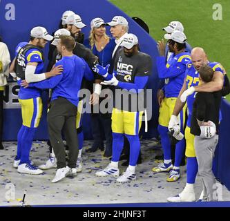 Inglewood, United States. 31st Jan, 2022. Los Angeles Rams' Matthew Stafford (9) and coach Sean McCoy celebrate with the George Halas Trophy and teammates after defeating the San Francisco 49ers in the NFC Championship Game at SoFi Stadium in Inglewood, California on Sunday, January 30, 2022. Photo by Jim Ruymen/UPI Credit: UPI/Alamy Live News