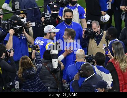 Inglewood, United States. 31st Jan, 2022. Los Angeles Rams' Matthew Stafford (9) and coach Sean McCoy celebrate after defeating the San Francisco 49ers 20-17 in the NFC Championship game at SoFi Stadium in Inglewood, California on Sunday, January 30, 2022. Photo by Jim Ruymen/UPI Credit: UPI/Alamy Live News