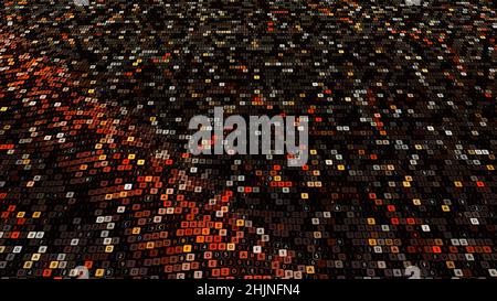 Abstract computer code animation on black background, seamless loop. Animation. Waving canvas of small squares with blinking digital data Stock Photo