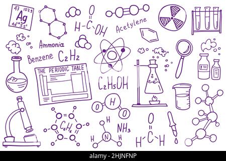 Chemistry symbols icon set. Science subject doodle design. Education and study concept. Back to school sketchy background for notebook, not pad Stock Vector